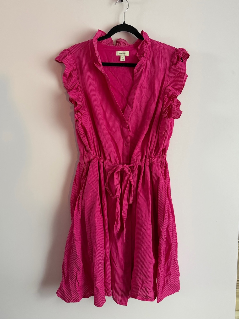 On 34th Bright Pink Candy Stripe Ruffle Sleeve Tie-Waist Dress 2X